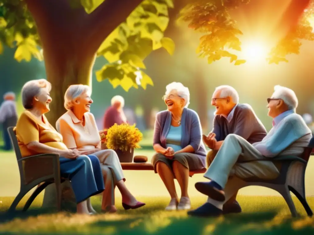 Amigos mayores disfrutando del parque Consejos vida social jubilación: Grupo de ancianos conversando animadamente en un parque, rodeados por la cálida luz del sol