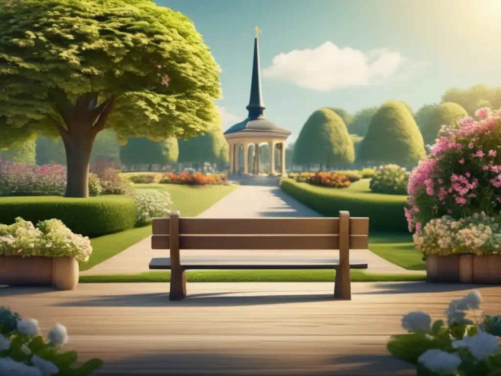 Parque comunitario lleno de vida Consejos de apoyo emocional en la jubilación: escena nostálgica de un parque con banco de madera, flores vibrantes y comunidad feliz
