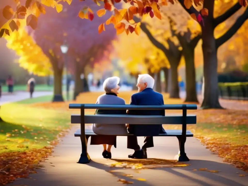 Pareja de ancianos disfrutando del otoño en un banco del parque Consejos para la independencia y vida social en la jubilación: pareja sonriente en banco rodeado de hojas otoñales