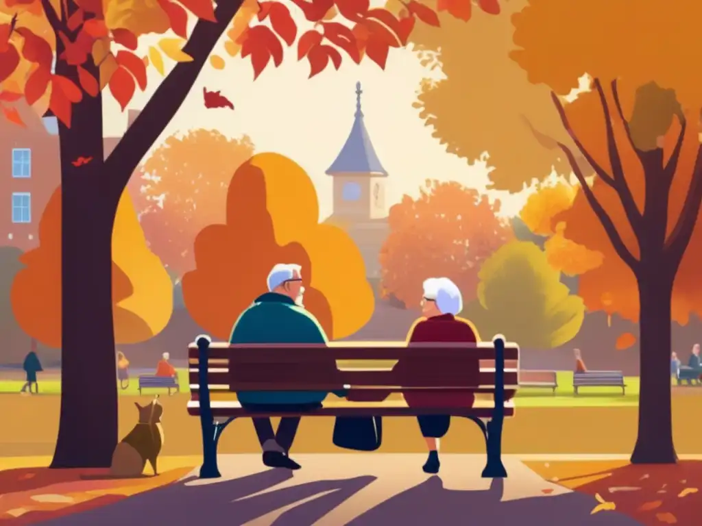 Feliz pareja de ancianos disfrutando el otoño Consejos para una jubilación productiva: Pareja mayor en banco del parque rodeados de follaje otoñal, disfrutando de una conversación alegre y animada