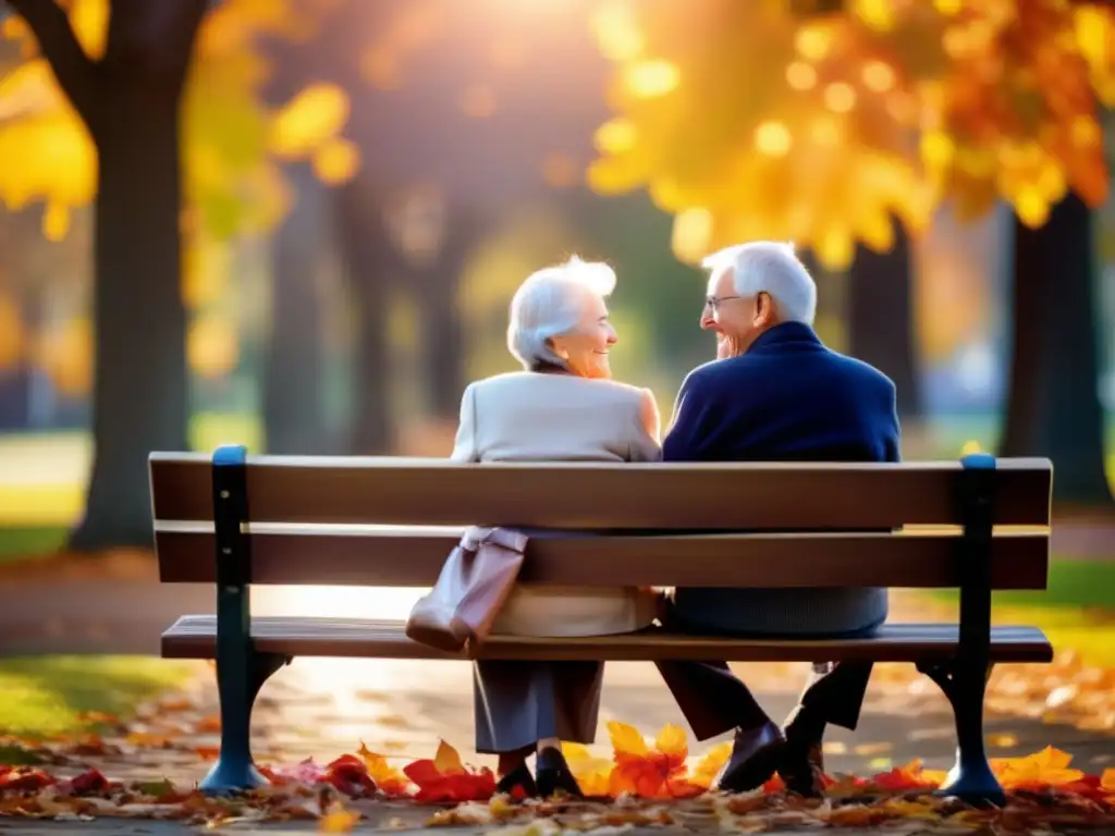 Pareja de ancianos disfrutando del amor y la compañía en un parque Consejos para jubilados en pareja: pareja en banco del parque, felices, amor, comunicación, intereses compartidos