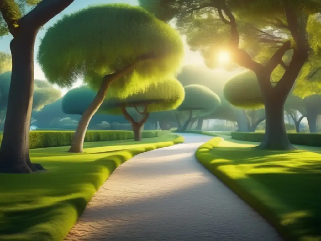 Consejos de alimentación saludable para jubilados: Imagen en sepia de un parque sereno con árboles verdes, flores vibrantes y una cálida luz dorada