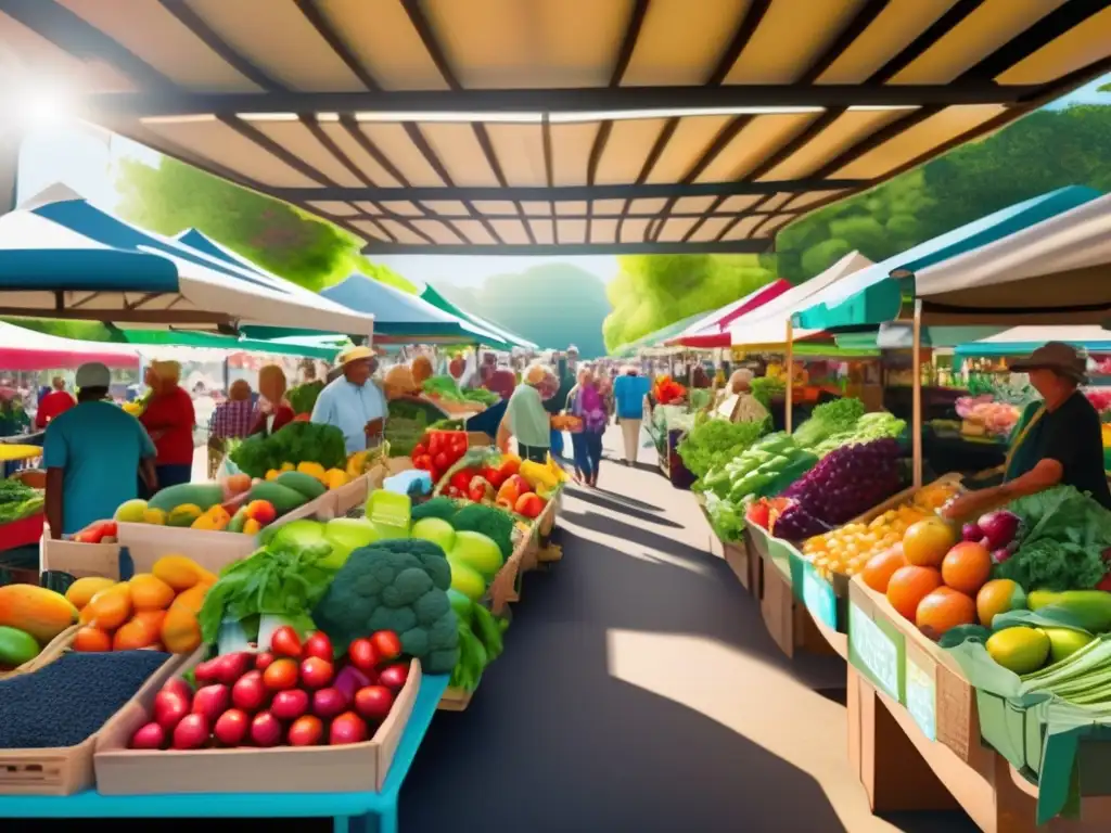 Consejos de alimentación saludable para jubilados en mercado de agricultores vibrante con productos frescos y coloridos