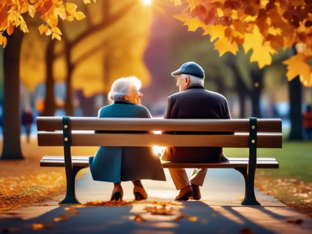 Pareja de ancianos disfrutando del otoño en el parque Convivencia saludable en el retiro: Pareja de ancianos amorosos en un banco rodeados de hojas otoñales, en una conversación profunda y con manos entrelazadas