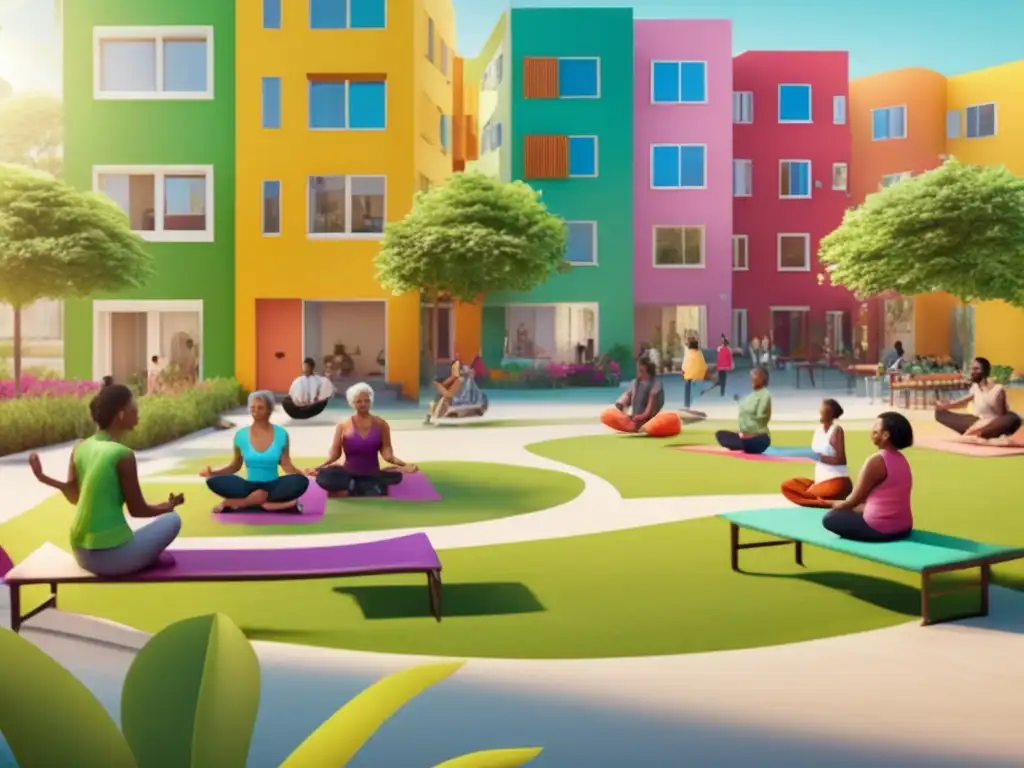Comunidad de vivienda cooperativa vibrante y animada durante el día Cooperativas de vivienda y jubilación feliz en un día soleado con residentes activos y felices