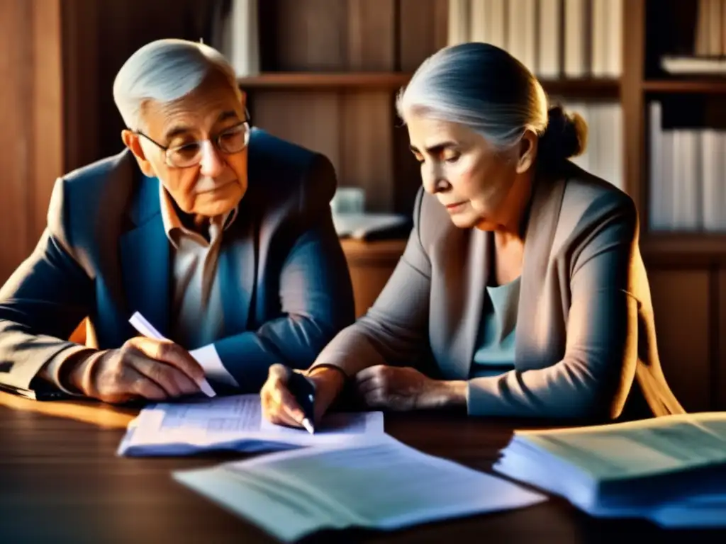 Pareja mayor discutiendo ahorros para jubilación Crisis financiera en la jubilación: pareja mayor discutiendo a la mesa con documentos, buscando asesoría y tomando decisiones