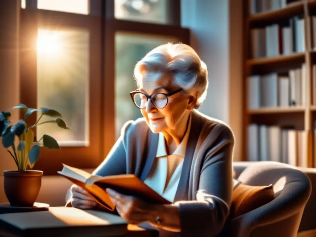 Cuidado visual en la tercera edad Cuidados visuales en la jubilación: mujer mayor con gafas, leyendo libro sobre salud ocular, rodeada de libros y taza de té
