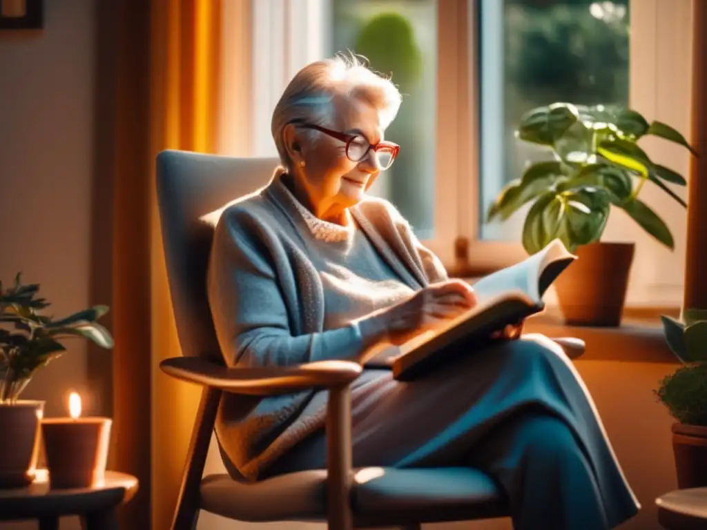 Cuidado visual en la tercera edad Cuidados visuales en la jubilación: persona leyendo libro de salud visual en sillón junto a ventana