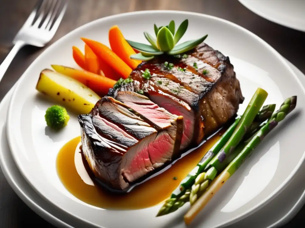 Deliciosa comida gourmet con steak y verduras asadas Deliciosa comida gourmet con carne jugosa y verduras asadas, destacando zanahorias vibrantes, espárragos tiernos y papas doradas