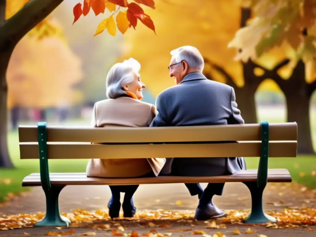 Amor y sabiduría en el otoño Derechos familiares en la jubilación: pareja de ancianos sonrientes en banco de parque, rodeados de naturaleza otoñal y amor
