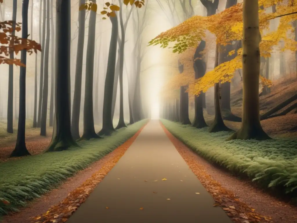 Elección de camino para el retiro Diferencias entre IRA y 401(k) en jubilación: Caminos divergentes en bosque denso, hojas otoñales, contraste sepia, decisiones y futuro