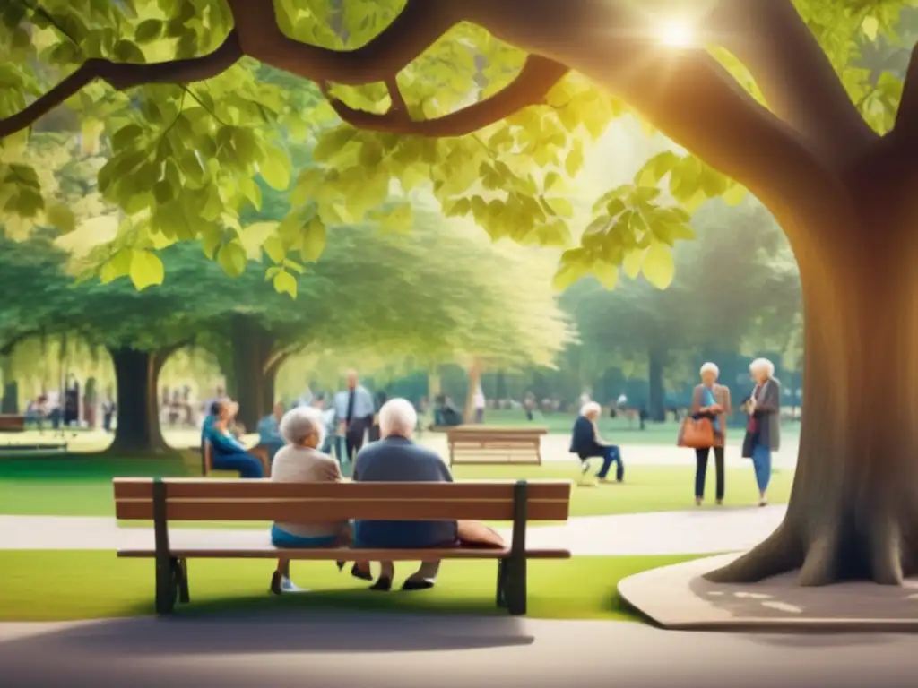 Tranquilidad digital en el parque Jubilación digital: Parque sereno, bancos, personas mayores disfrutando de actividades en línea, naturaleza y conexión social