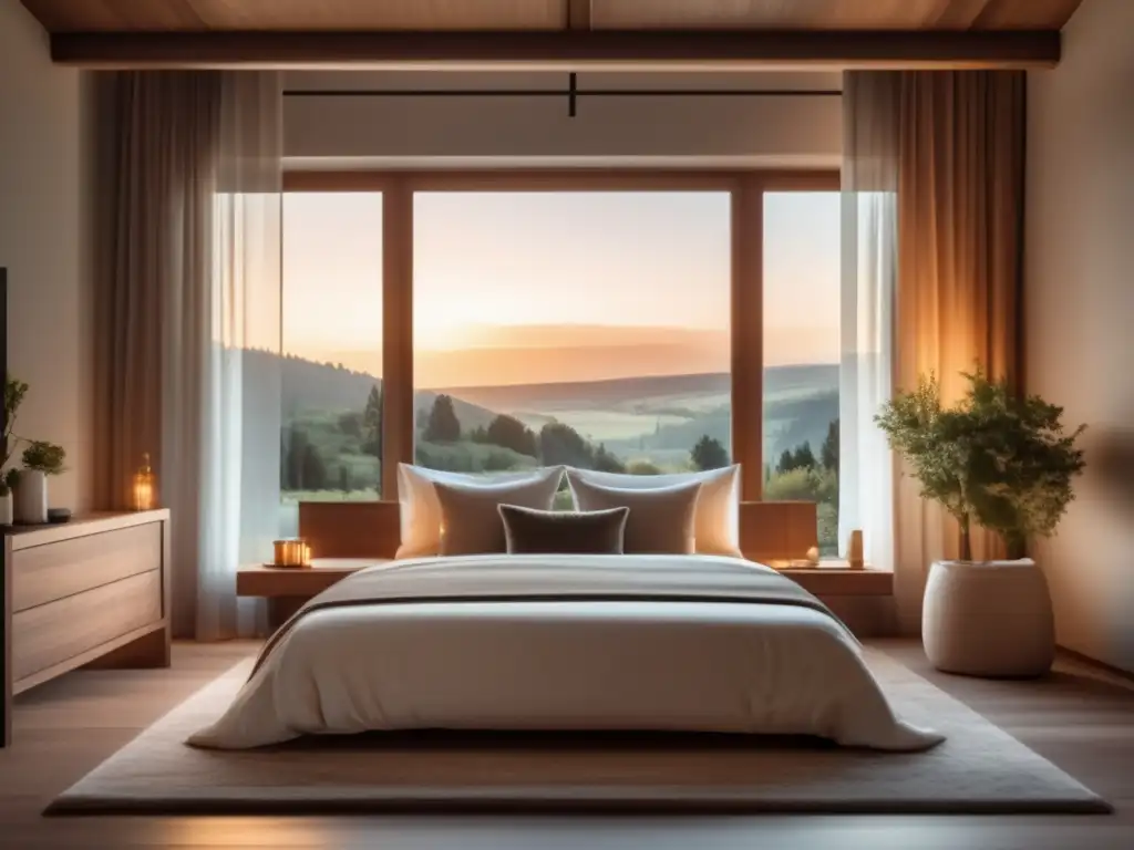 Retiro tranquilo en cama king size Dormitorio descanso jubilado con ventana, cama king size, luz suave y ambiente tranquilo