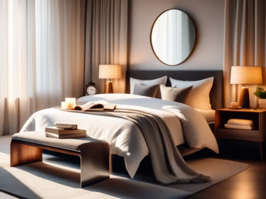 Tranquila habitación en sepia, minimalista y organizada Dormitorio sereno con decoración minimalista y organizada