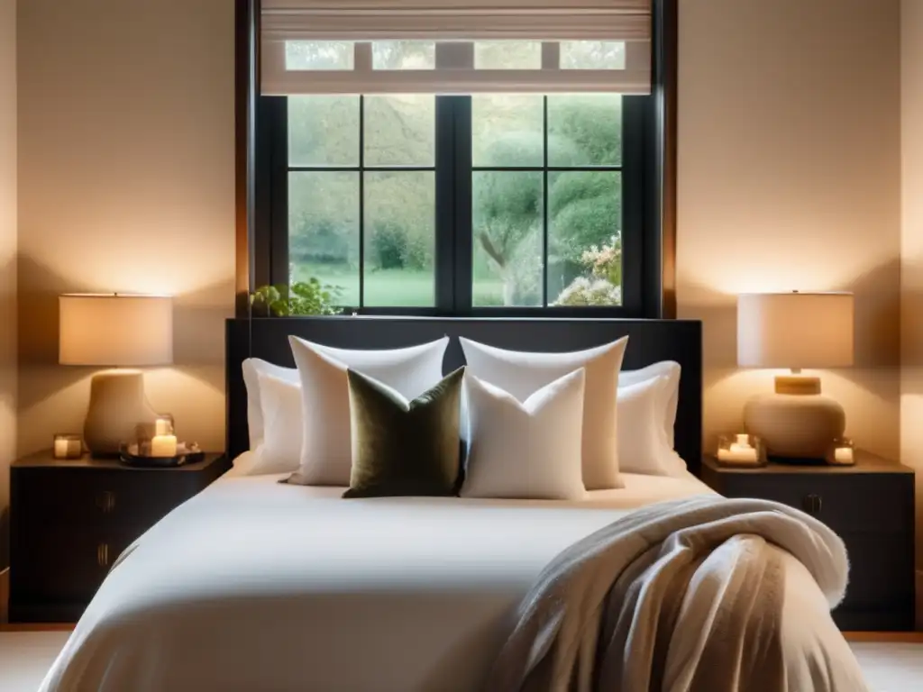 Habitación serena con vista a jardín pacífico Dormitorio sereno con vistas al jardín, tonos neutrales, cama cómoda y libros