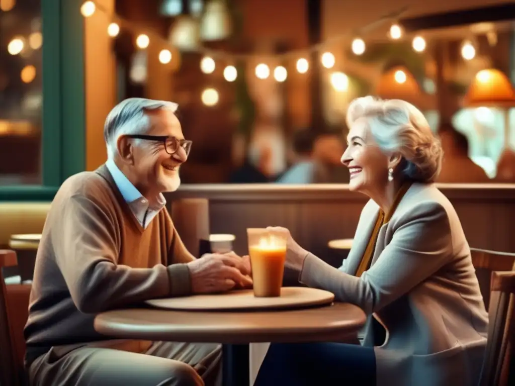Encuentro generacional en café Planificación de jubilación en economía colaborativa: Pareja mayor y emprendedor en café vintage