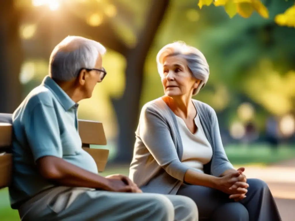 Conversación profunda entre pareja mayor en el parque Comunicación efectiva en la tercera edad: consejos para mejorar el diálogo - Ancianos en un parque, conversando apasionadamente