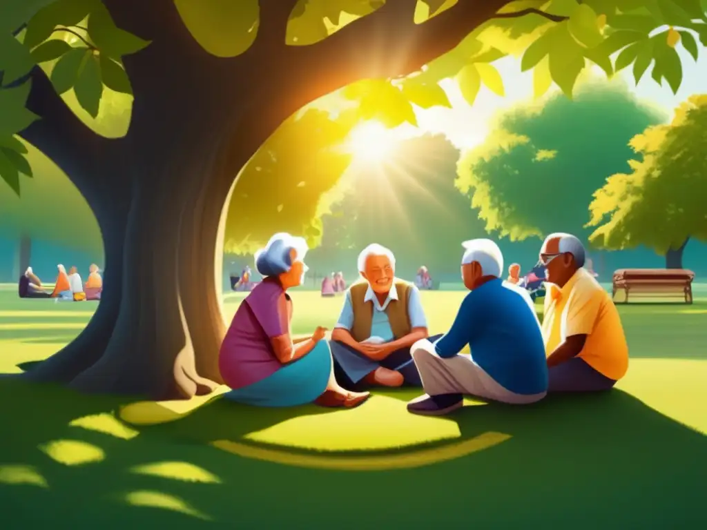 Conversación tranquila en el parque Jubilación: Emocional y Social en comunidad bajo árbol