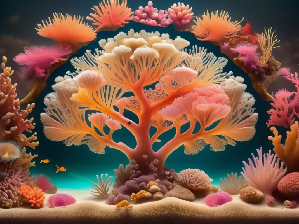 Maravilloso arrecife de coral en tonos sepia Planificación acuática en la jubilación: Escena coralina vibrante y detallada en sepia, con peces tropicales y buceadores