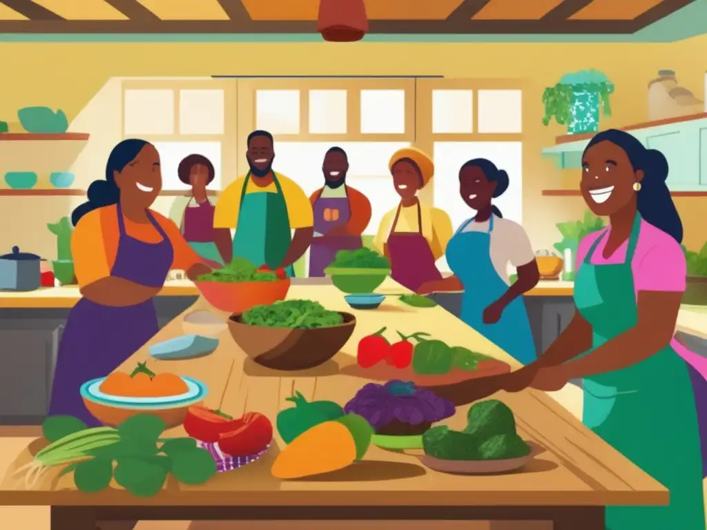 Cocina comunitaria llena de vida y solidaridad Escena vibrante en cocina comunitaria: voluntarios preparan alimentos con amor y cuidado