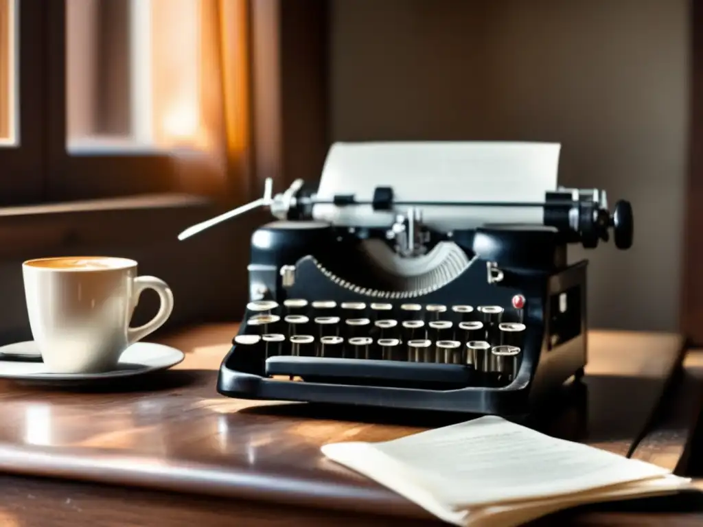 Escritura inspiradora y nostálgica Un escritorio nostálgico con una máquina de escribir vieja, papeles dispersos, café humeante y un cuaderno de cuero desgastado