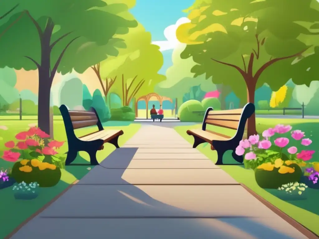 Parque sereno con pareja de ancianos Estrategias saludables para la vida postjubilación: pareja feliz en un parque con árboles, flores y actividades físicas
