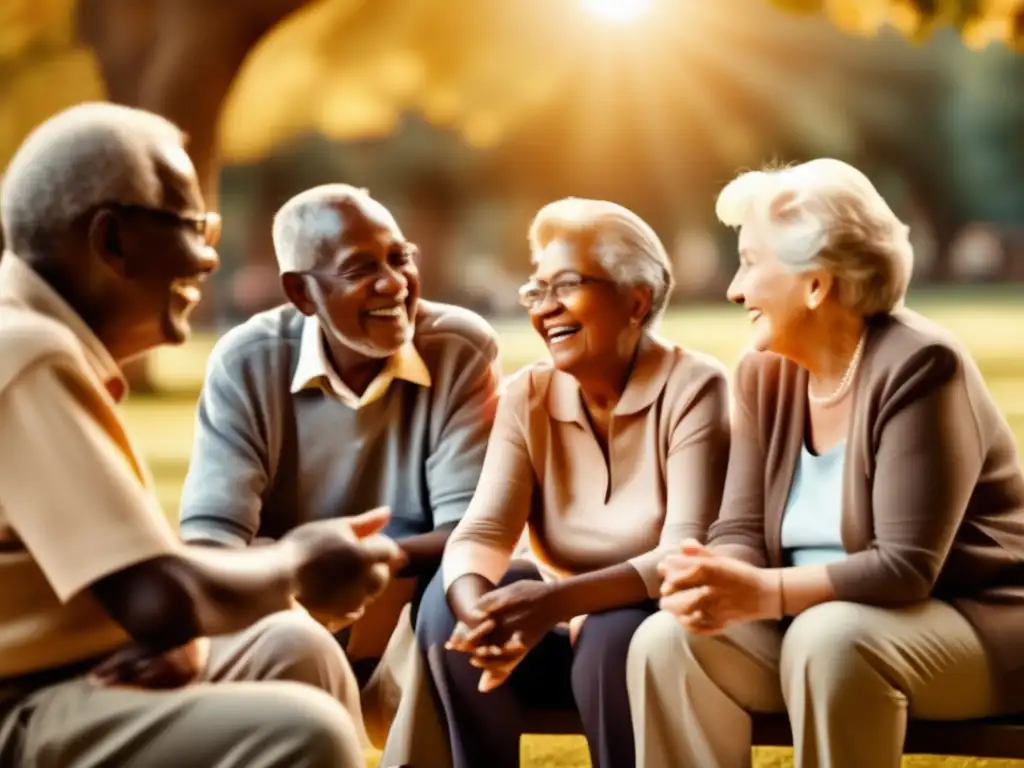 Conversación y camaradería entre ancianos en el parque Estrategias para combatir la soledad en la jubilación: grupo de ancianos en un parque, conversando y riendo, iluminados por el sol (110 caracteres)