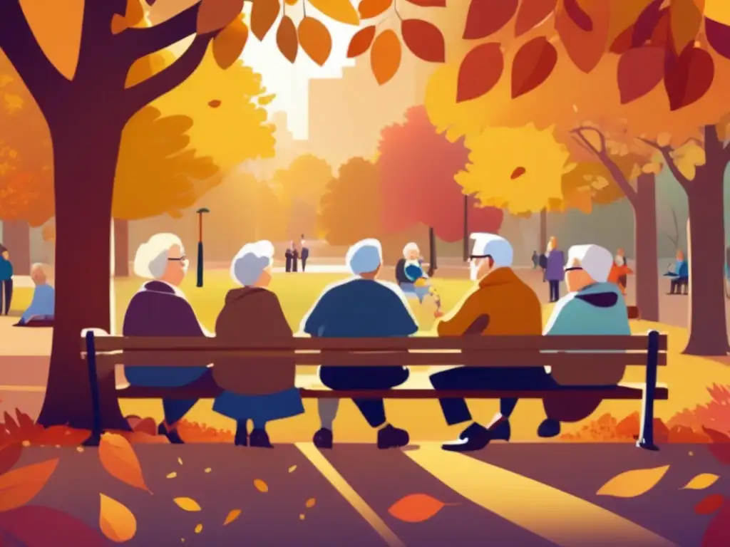 Retirados disfrutan de compañía y naturaleza Estrategias para combatir la soledad en la jubilación: Retirados disfrutando del otoño en el parque