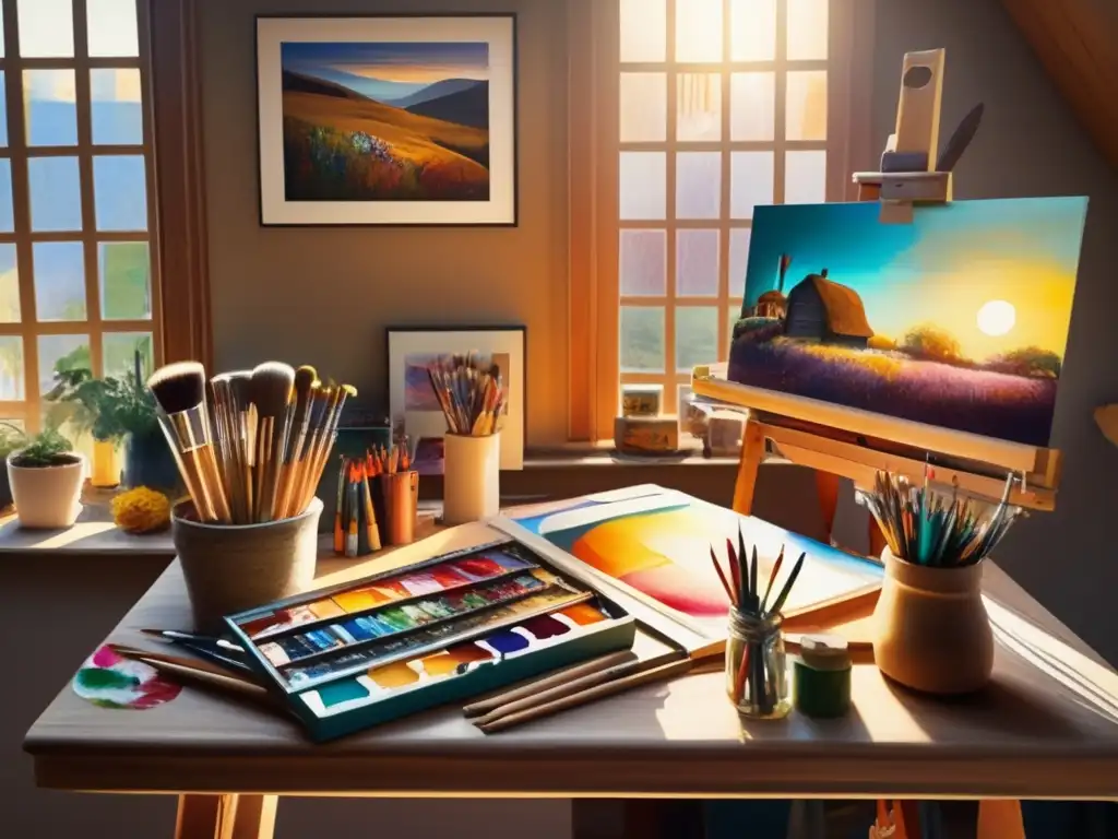 Estudio de artista con detalles y suministros Estudio artístico con suministros de pintura y dibujo en una mesa de madera - Técnicas de pintura y dibujo para principiantes