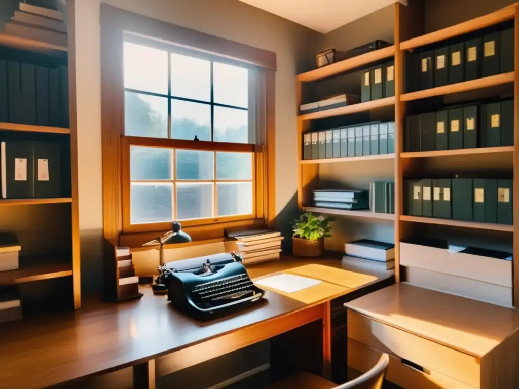 Estudio organizado y sereno Estudio tranquilo con escritorio de madera organizado y toque nostálgico - Almacenamiento en la nube para jubilados