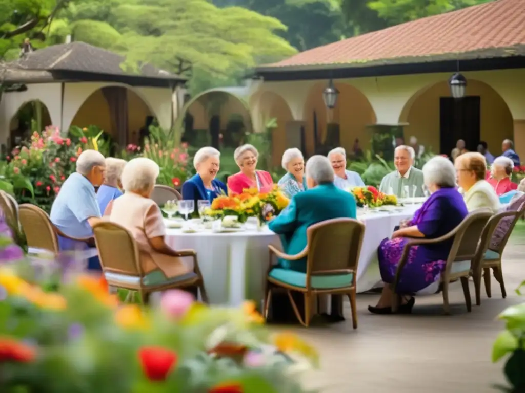Jubilados disfrutan de un encuentro animado en un jardín elegante Evento jubilados: Organización y camaradería en jardín con flores y risas