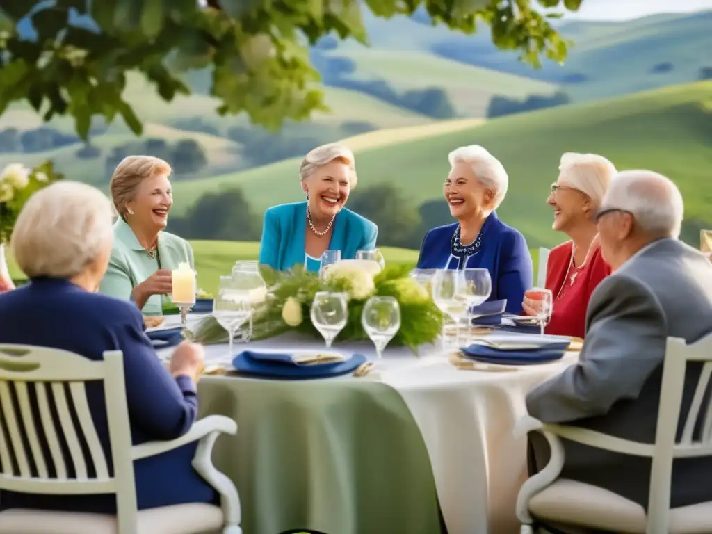 Fiesta de jubilación en un entorno hermoso Organización eventos jubilación: Retirados felices en hermoso entorno al aire libre, compartiendo comida y risas en un evento de jubilación
