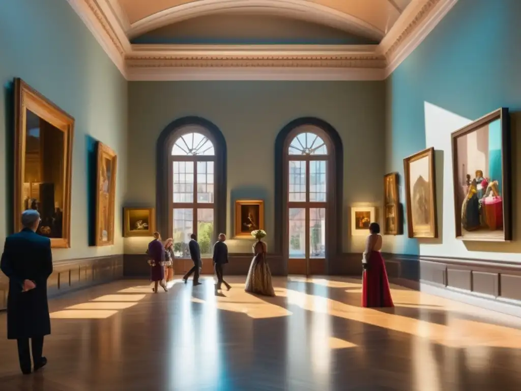 Galería de arte elegante, vibrante y sofisticada Experiencias culturales en línea para jubilados: Galería de arte elegante con obras vibrantes, luz cálida y admiradores sofisticados