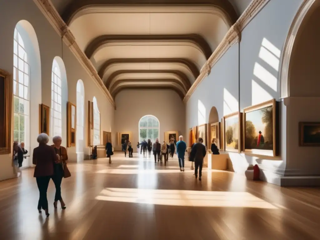 Exposición de arte: belleza y emoción Experiencias culturales en línea para jubilados: Galería de arte elegante con obras vibrantes, ventanales iluminados y visitantes fascinados