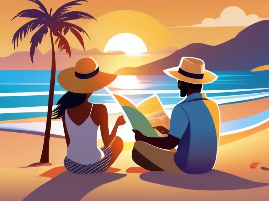 Pareja disfrutando de un atardecer en la playa Un feliz matrimonio disfrutando de una hermosa puesta de sol en la playa, representando la planificación financiera para viajar tras jubilarse