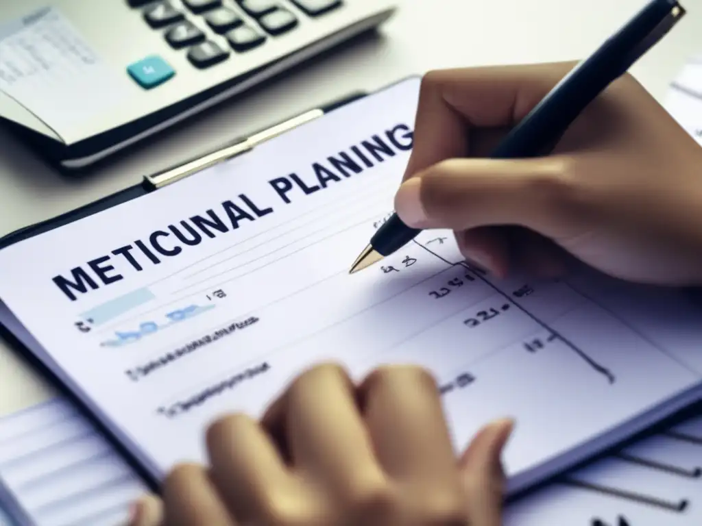 Planificación financiera: manos escribiendo metas, gastos y presupuesto Planificación financiera para el cuidado de largo plazo: manos escribiendo metas, gastos mensuales y cálculos presupuestarios en papel sepia