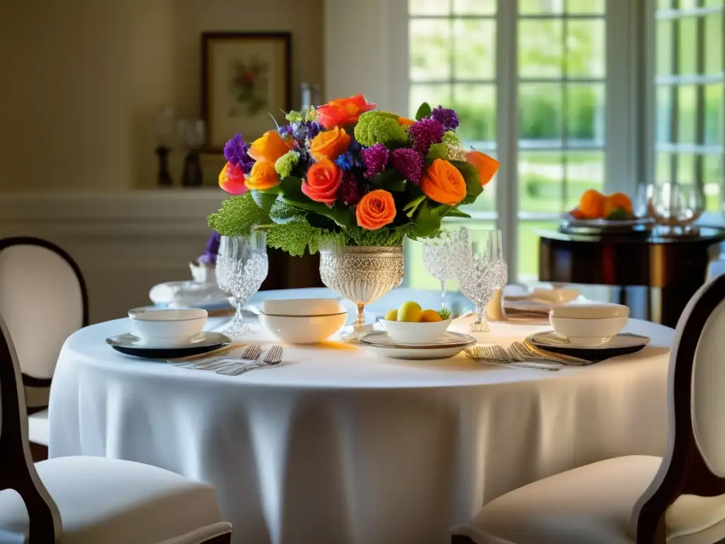 Mesa elegante y sofisticada en hogar acogedor Planificación financiera jubilación gourmet: Mesa elegante con vajilla fina, cubierta de mantel blanco, flores y luz natural