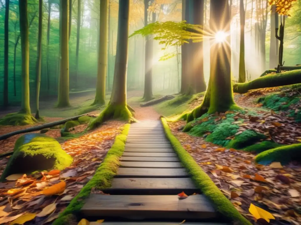 Planificación financiera para el retiro: Geocaching en un bosque encantador con rayos de sol dorados filtrándose a través de los árboles