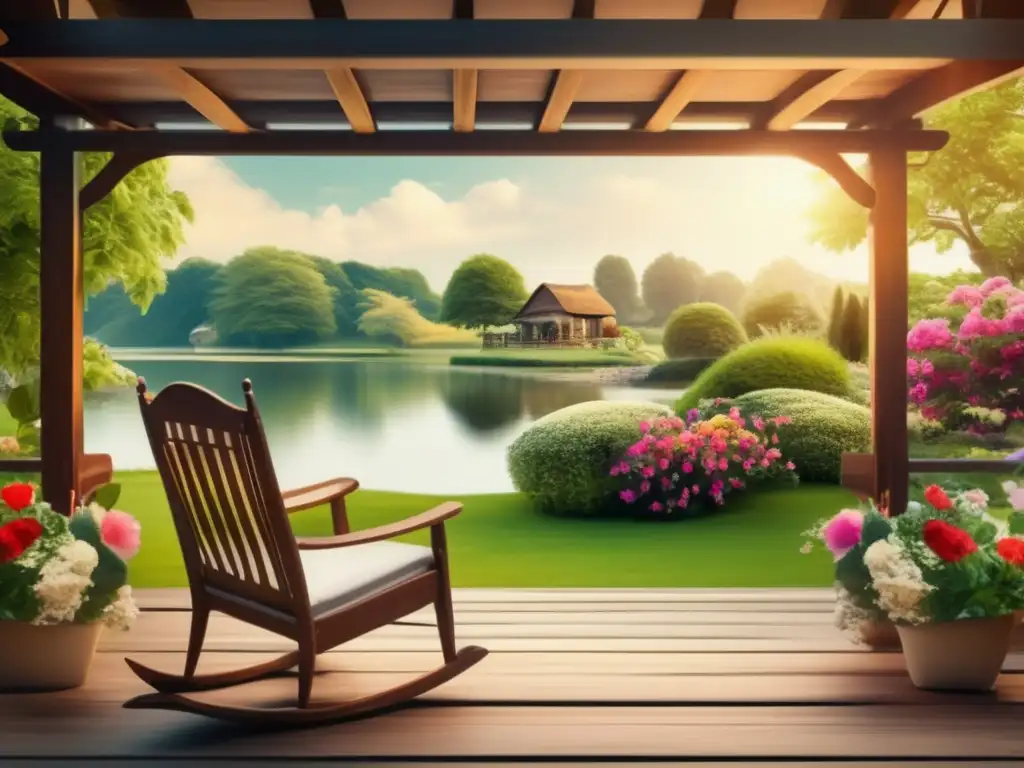 Retiro tranquilo y sin humo Planificación financiera para la jubilación sin tabaco: imagen de ambiente sereno y relajante con jardín, silla de madera y lago al atardecer