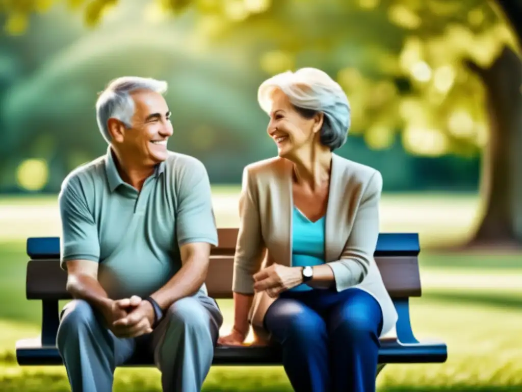 Pareja feliz disfrutando la jubilación en el parque Jubilación flexible adaptada vida: pareja sonriente en banco del parque, disfrutando su tiempo libre durante la jubilación
