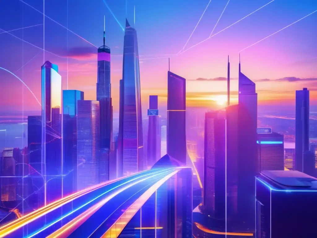 Futurista ciudad al atardecer con rascacielos holográficos, datos financieros y vehículos inteligentes