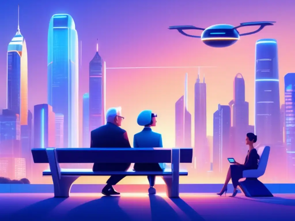 Ciudad futurista en sepia con ancianos y robot Futuro ciudad con rascacielos, vehículos voladores y pareja de jubilados hablando con un robot - Planificación de jubilación con robots