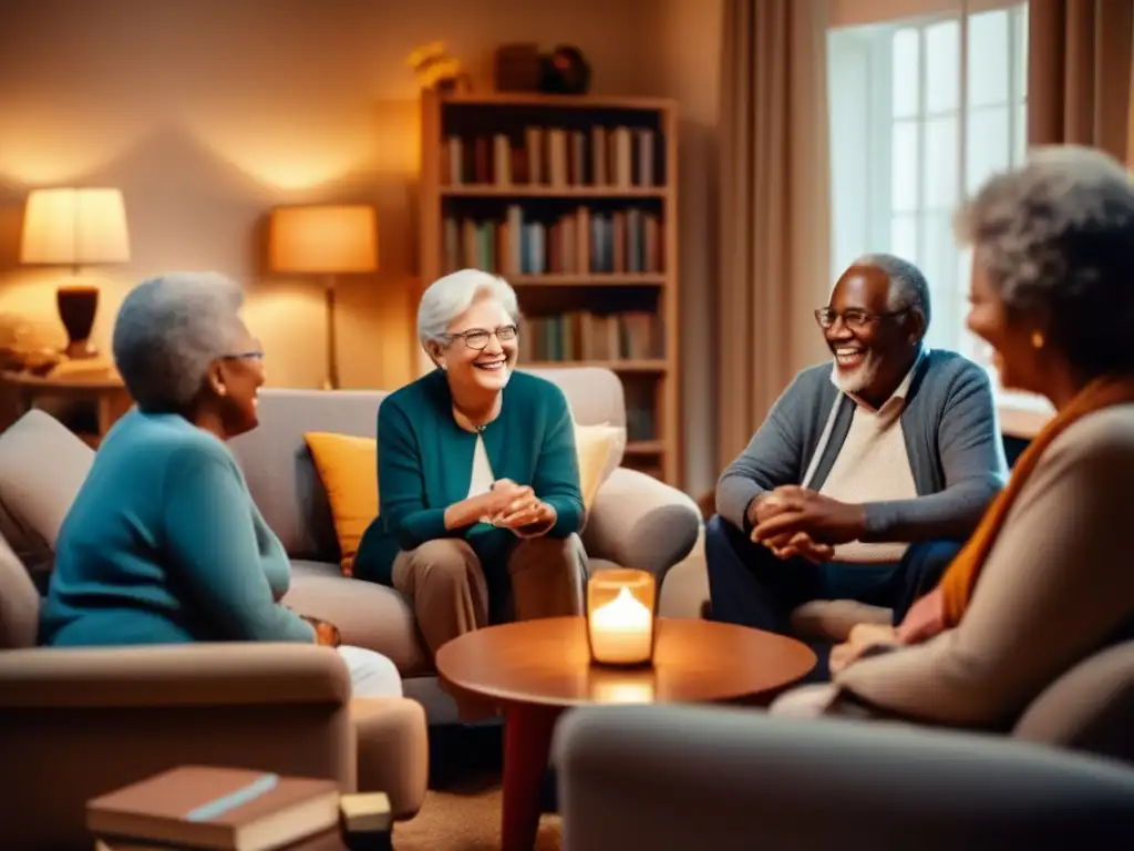 Grupo de adultos mayores disfrutando de conversación y compañía Grupo adultos mayores en sala acogedora, iluminación cálida