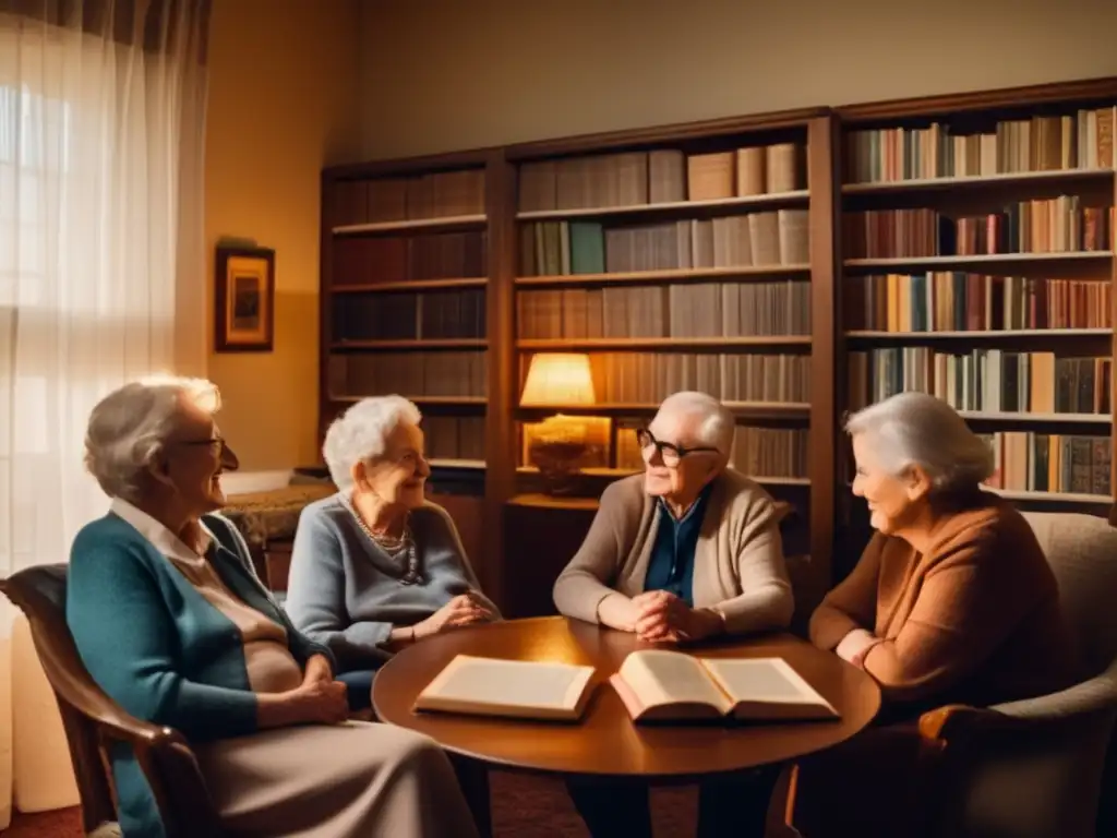 Grupo de ancianos disfrutando de la poesía Grupo de ancianos disfrutando de la poesía y la compañía en una acogedora sala llena de libros y recuerdos