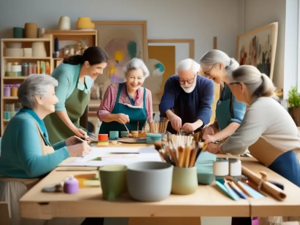 Grupo de artistas mayores en un estudio, compartiendo ideas y creando Grupo de artistas mayores en estudio bien iluminado, compartiendo técnicas y creaciones