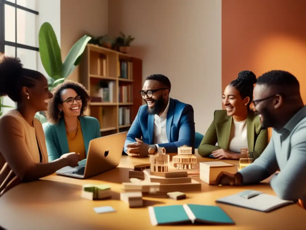 Grupo diverso disfrutando de la economía colaborativa en una mesa comunal, con objetos que simbolizan colaboración y comunidad