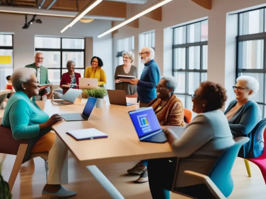 Grupo diverso de jubilados trabajando en un espacio de coworking, reflejando la modalidad de jubilación en la era digital