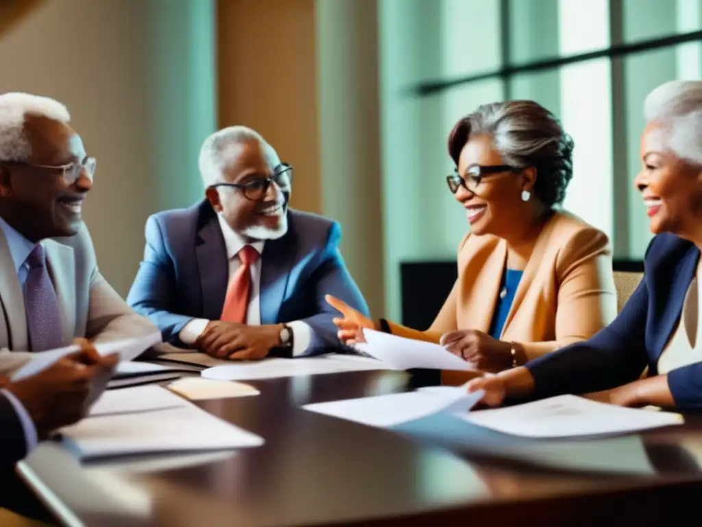 Expertos en planificación de jubilación maximizando beneficios fiscales Grupo diverso de jubilados discutiendo estrategias de beneficios fiscales en la jubilación