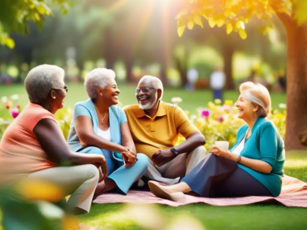 Comunidad de retiro feliz y unida Grupo diverso de jubilados en un parque, disfrutando de una conversación animada y rodeados de naturaleza