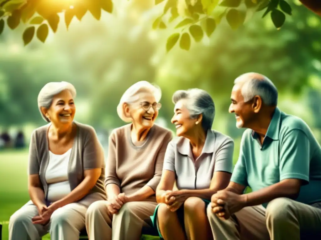 Grupo de ancianos disfrutando del humor en el parque Grupo de personas mayores disfrutando en un parque, resaltando los beneficios del humor en la jubilación